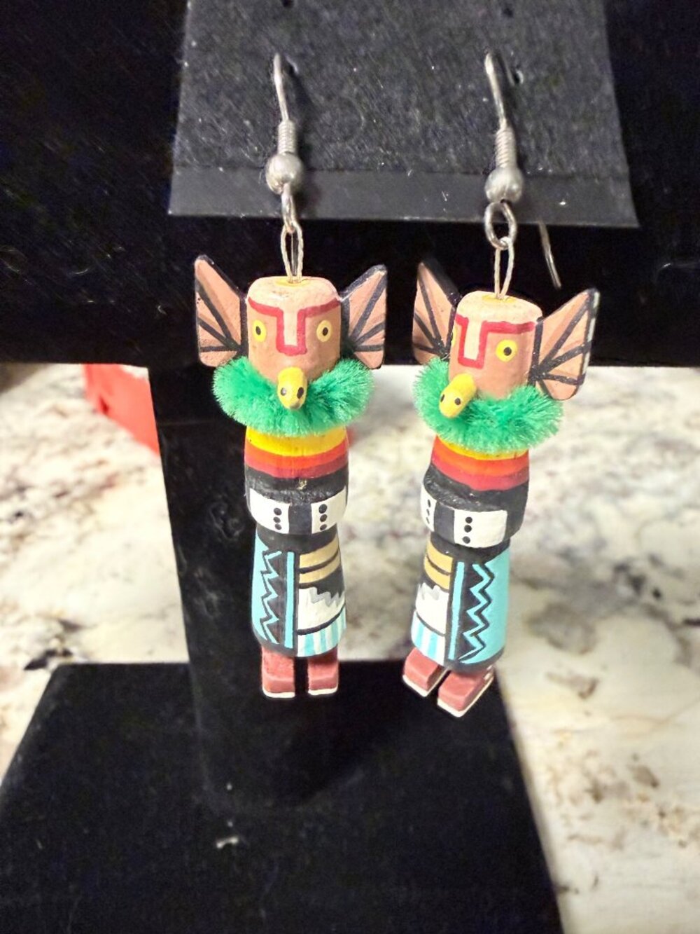 Artisan Hand-Painted Wooden Kachina Dangle Earrings Colorful  Fishhook Backs